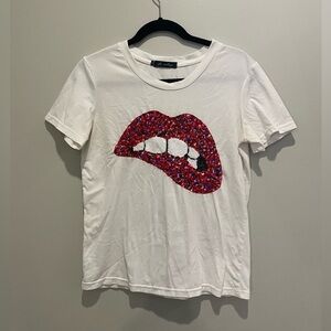 White T-Shirt with Red Sequin Lips Design - Size S